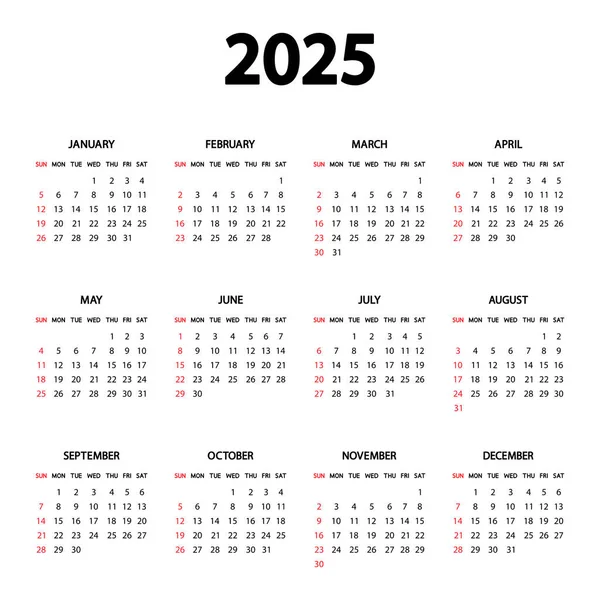 Kalender 2025 Jaar Week Begint Zondag Jaarlijkse Engelse Kalender 2025 — Stockvector