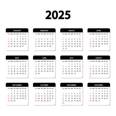 Takvim 2025. Hafta pazar günü başlıyor. Yıllık İngilizce takvimi 2025 şablonu. Minimum tasarımda yıllık organizatör. Portre yönelimi