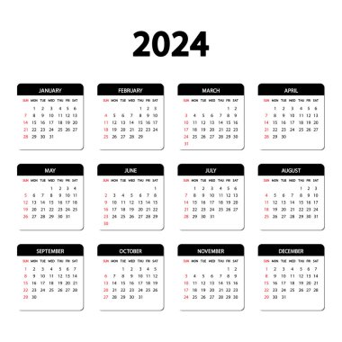 Takvim 2024. Hafta pazar günü başlıyor. Yıllık İngilizce takvimi 2024 şablonu. Minimum tasarımda yıllık organizatör. Portre yönelimi