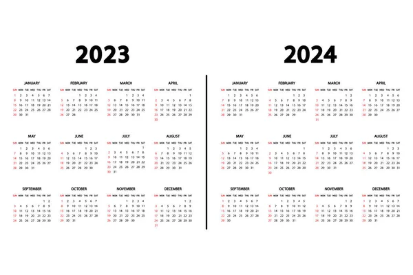 カレンダー英語2023年と2024年 週は日曜日に始まります カレンダー2023年 2024年テンプレート 毎年最小限のデザインで主催者 肖像画の向き ベクトル — ストックベクタ