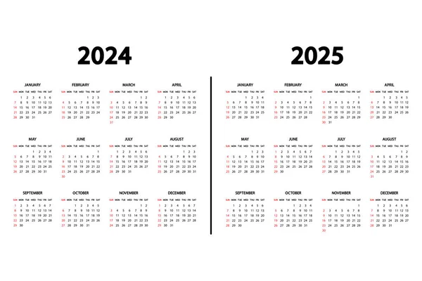 カレンダー英語2024年と2025年 週は日曜日に始まります カレンダー2024 2025テンプレート シンプルでミニマルなデザインの文房具縦型テンプレート 肖像画の向き ベクトル — ストックベクタ