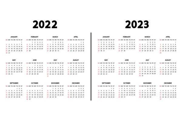 Takvim Ngilizce 2022 2023 Yılı Hafta Pazar Günü Başlıyor Yıllık — Stok Vektör