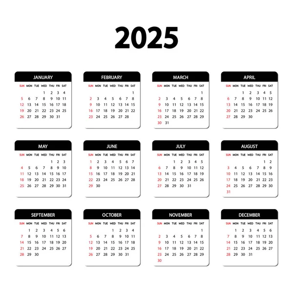 Kalender 2025 Jaar Week Begint Zondag Jaarlijkse Engelse Kalender 2025 — Stockvector