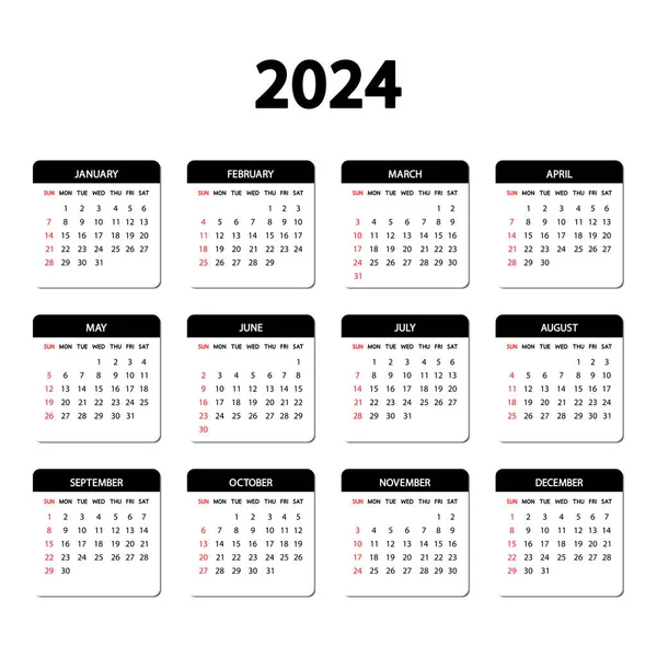 2024年 这个星期从星期天开始 2024年年度英语日历模板 每年的组织者在最小的设计 肖像导向 — 图库矢量图片