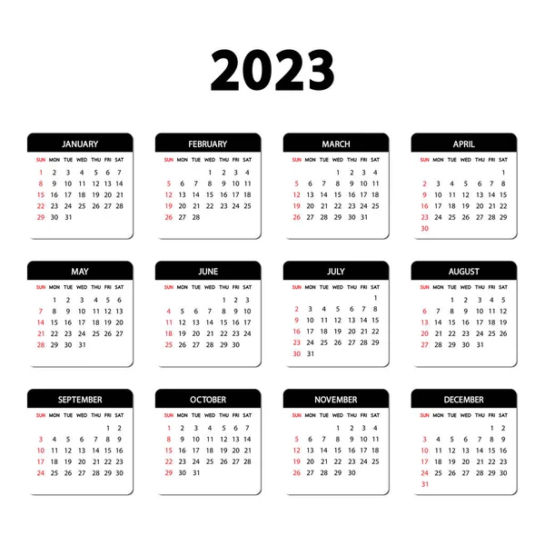Naptár 2023 Vasárnap Kezdődik Hét Éves Angol Naptár 2023 Sablon — Stock Vector