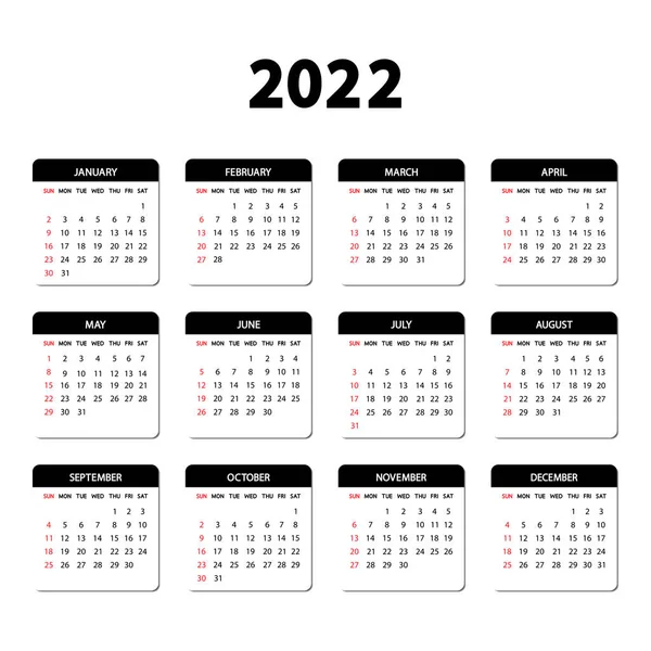 Kalender 2022 Jaar Week Begint Zondag Jaarlijkse Engelse Kalender 2022 — Stockvector