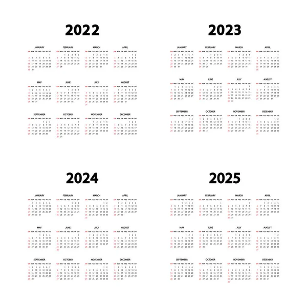 カレンダー2022年 2023年 2024年 2025年 週は日曜日に始まります 毎年恒例の英語カレンダーテンプレート シンプルでミニマルなデザインの文房具縦型テンプレート 肖像画の向き ベクトル — ストックベクタ