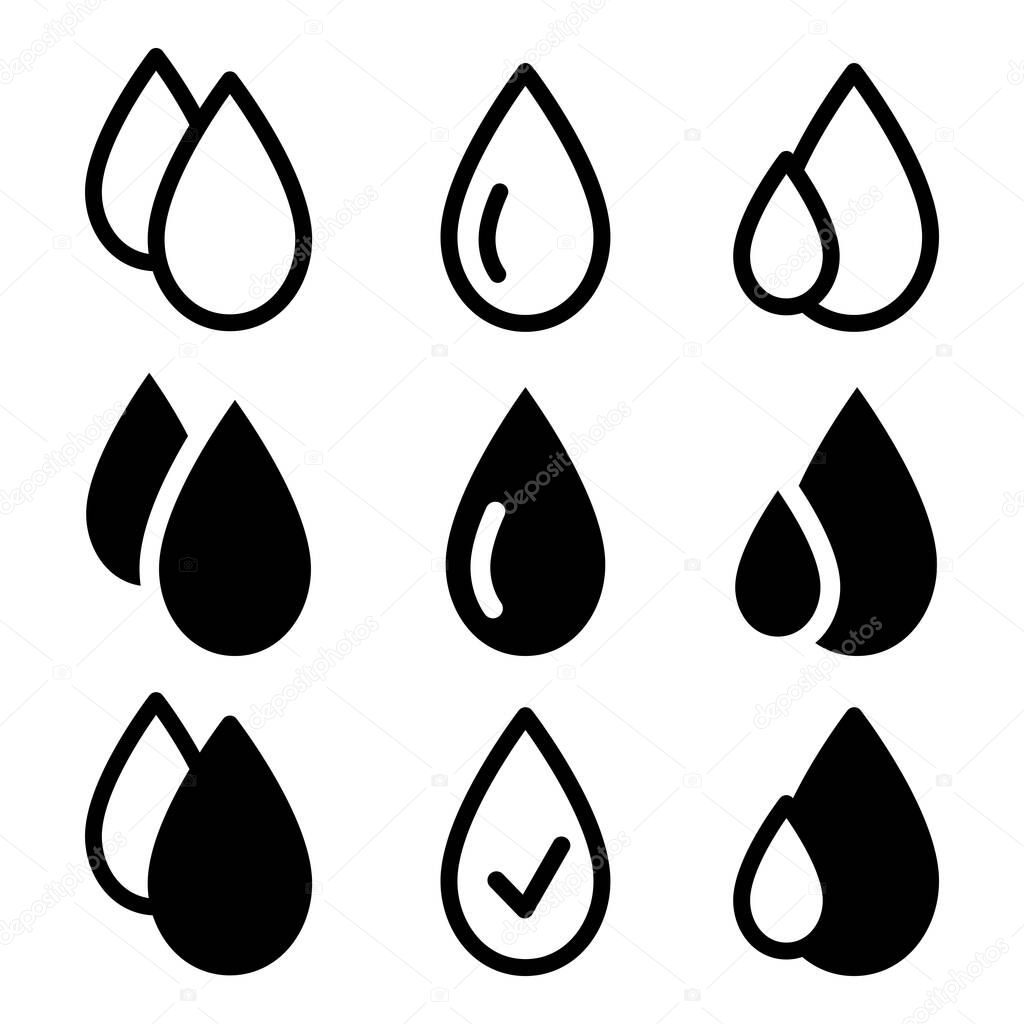 Set of black color water drops. Flat droplet shapes collection. Liquid symbol. Outline and glyph style
