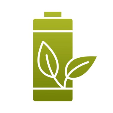 Yeşil enerji. Yeşil yaprak ve pil, işaret. Eko batarya ikonu. Kabartma Vektörü