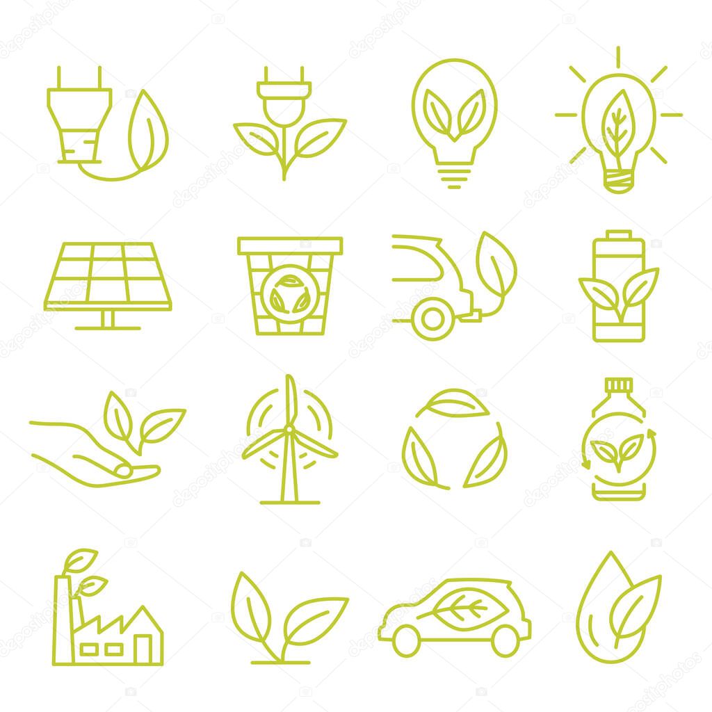 Green ecology symbols. Eco friendly related icons. Conservation is saving support and solution. Environment and sustainable concept. Alternative energy. Editable stroke