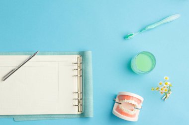 Diş fırçası ve defter takılı takma dişler..