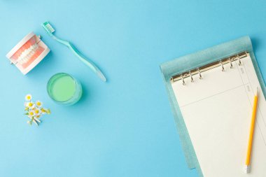 Diş fırçası ve defter takılı takma dişler..