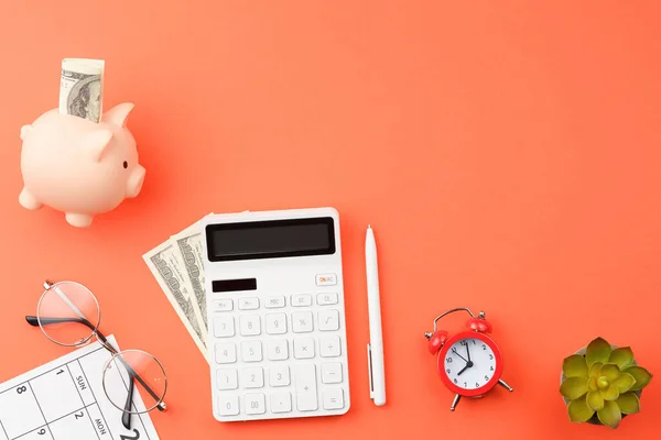 White Calculator Pig Piggy Bank Dollars Pen Glasses Plant Calendar — ストック写真