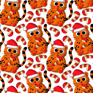 Kusursuz vektör deseni, tatlı çizgi film kaplanı, Noel şapkalı ve bastonlu şeker.