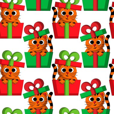 Hediye kutusunda çizgi film kaplanı olan kusursuz vektör deseni.