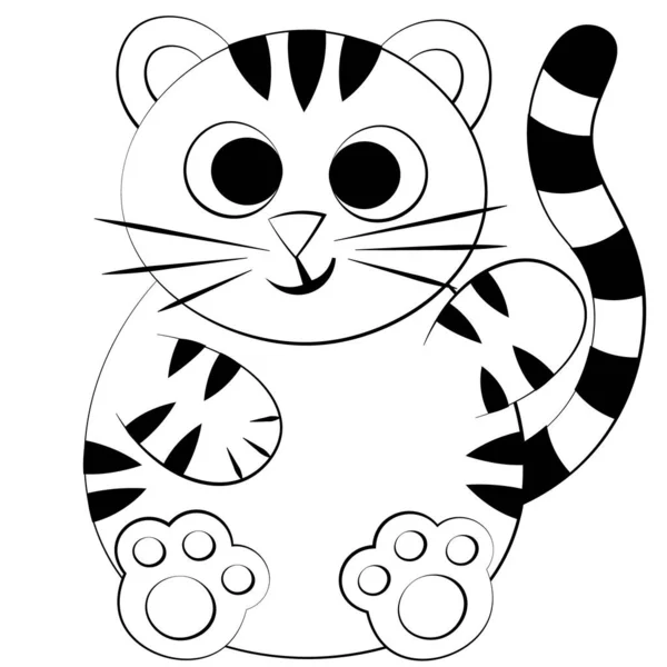 Lindo Dibujo Animado Tigre Feliz Dibujar Ilustración Blanco Negro — Archivo Imágenes Vectoriales