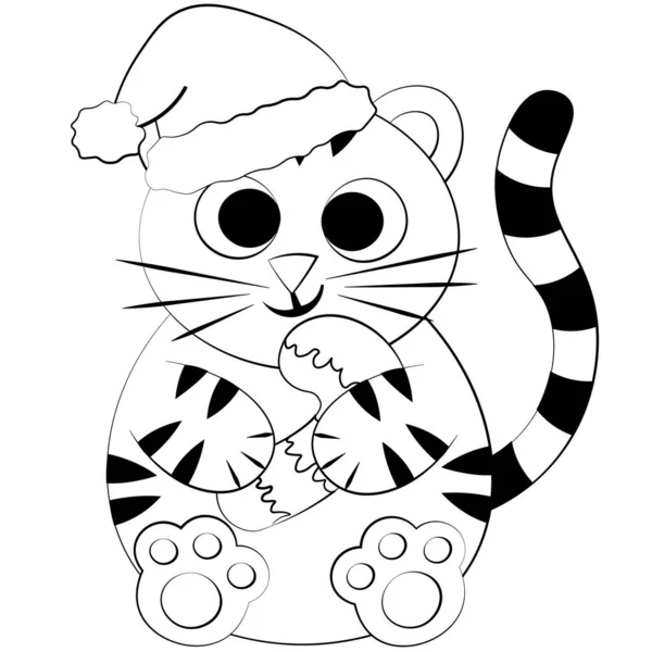 Lindo Tigre Dibujos Animados Sombrero Navidad Con Bastón Caramelo Dibujar — Vector de stock