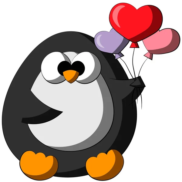 ハートの形をした風船でかわいい漫画ペンギン。色でイラストを描く — ストックベクタ