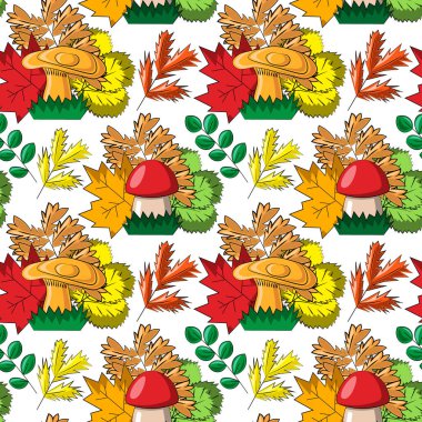 Mantar ve sonbahar yapraklı kusursuz vektör deseni