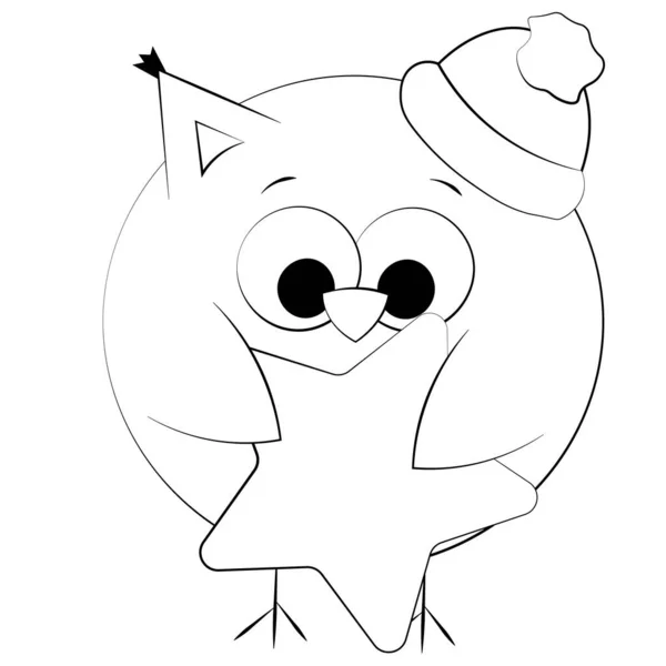 可爱的卡通猫头鹰与帽子和明星 用黑白勾画出图解 — 图库矢量图片
