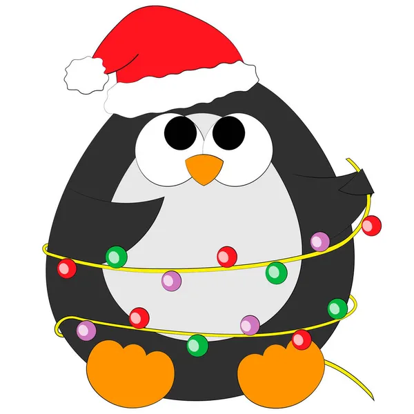 Lindo pingüino de dibujos animados wiht guirnalda. Dibujar ilustración en color — Vector de stock