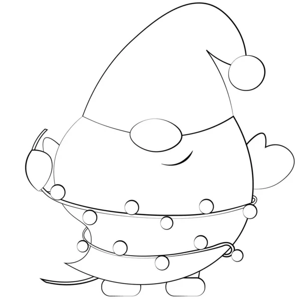 Liten Jul Gnome Med Lätt Krans Rita Illustration Svart Och — Stock vektor