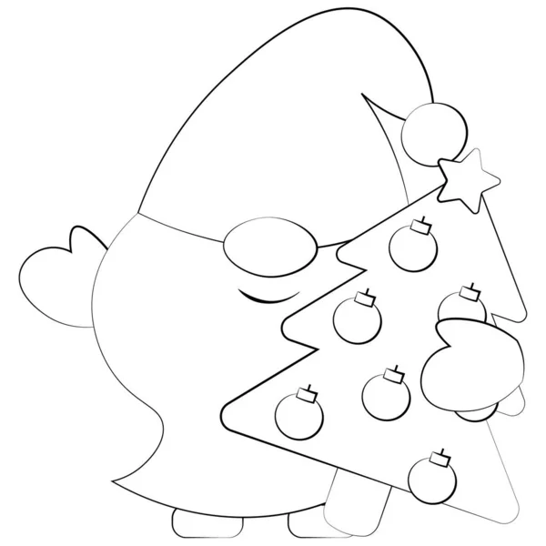 Piccolo Gnomo Natale Con Albero Natale Disegnare Illustrazione Bianco Nero — Vettoriale Stock