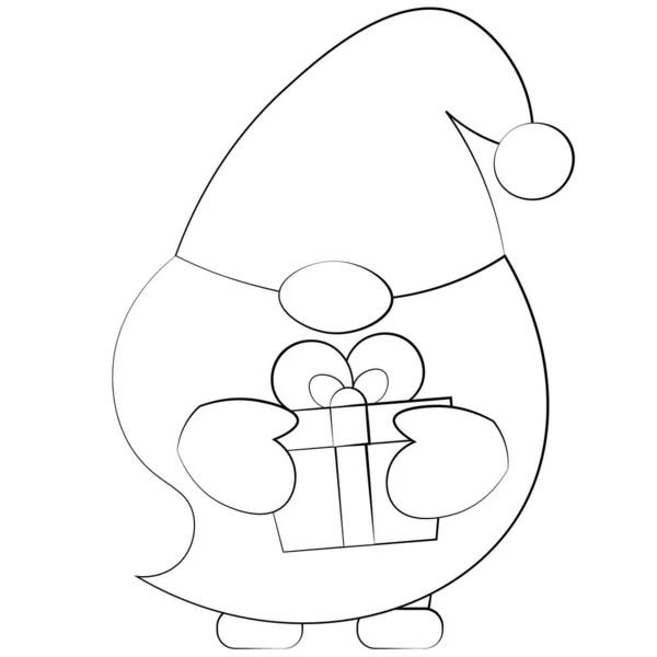 Pequeño Gnomo Navidad Con Caja Regalo Dibujar Ilustración Blanco Negro — Vector de stock