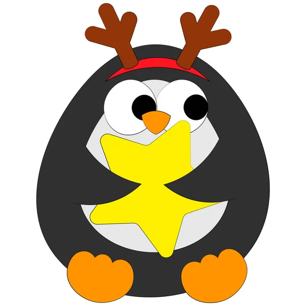 Cute Cartoon Penguin Reindeer Horns Star Draw Illustration Color — Stock Vector