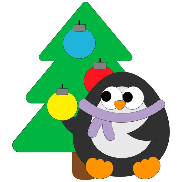 Lindo pingüino de dibujos animados y árbol de Navidad. Dibujar ilustración en color — Vector de stock