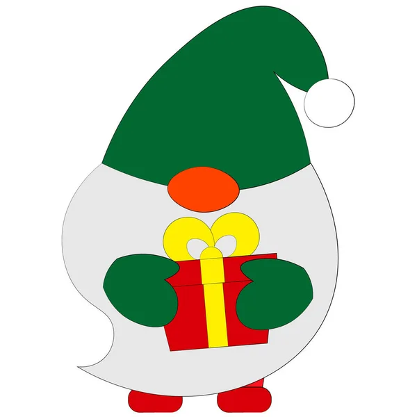 Pequeño Gnomo de Navidad con caja de regalo. Dibujar ilustración en color — Vector de stock