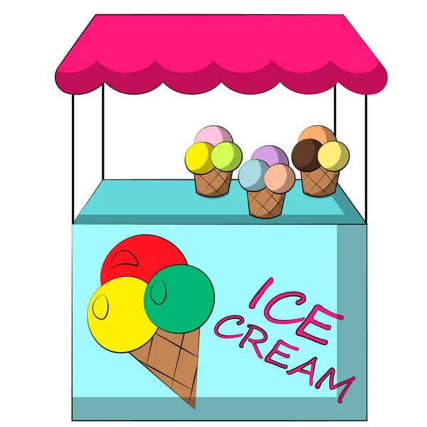 Mostrador de puestos con helado. Dibujar ilustración en color — Archivo Imágenes Vectoriales