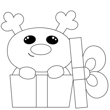 Hediye kutusunda şirin bir ren geyiği. Resmi siyah ve beyaz olarak çiz