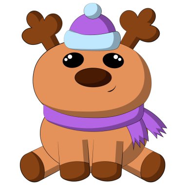 Şapka ve fular içinde şirin bir ren geyiği. Resimleri renkle çiz