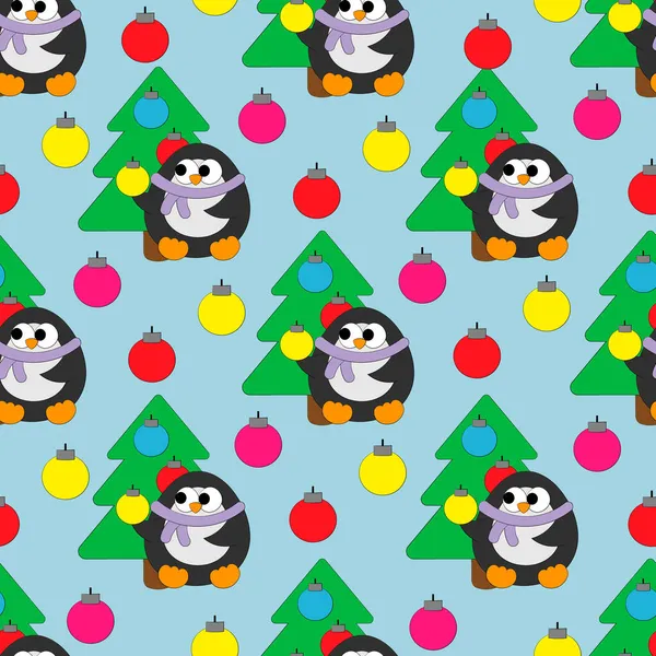 Noel ağacı ve oyuncakları olan sevimli penguenli kusursuz vektör deseni
