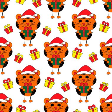 Çizgi film kaplanı ve hediye kutusu olan kusursuz vektör deseni.