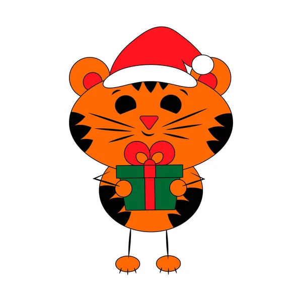 Netter Cartoon Tiger mit Geschenkbox. Illustration in Farbe zeichnen — Stockvektor