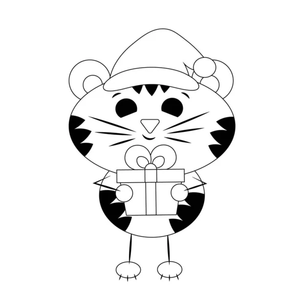 Mignon dessin animé Tigre avec boîte cadeau. Illustration de dessin en noir et blanc — Image vectorielle