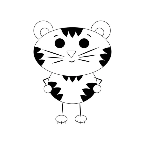 Mignon dessin animé Tigre. Illustration de dessin en noir et blanc — Image vectorielle
