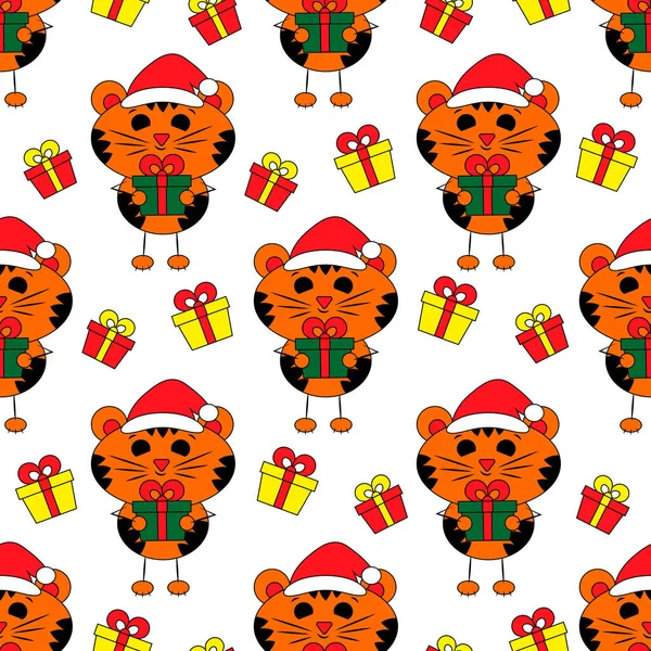 Çizgi film kaplanı ve hediye kutusu olan kusursuz vektör deseni.