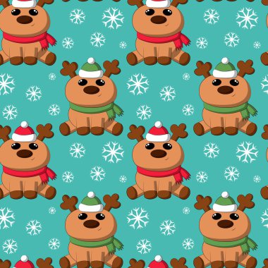 Çizgi film geyiği ve kar tanesiyle kusursuz vektör deseni