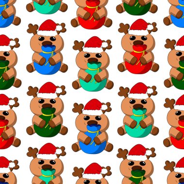Sevimli çizgi film geyikleri Noel Baba ve çanta ile kusursuz vektör deseni