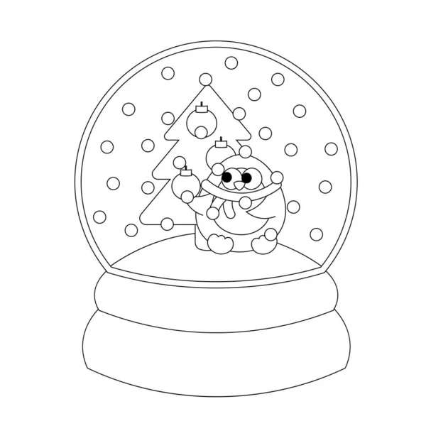 Bola Nieve Navidad Con Pingüino Árbol Navidad Dibujar Ilustración Blanco — Vector de stock