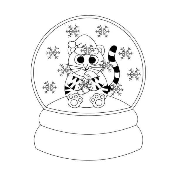 Weihnachten Schneeball mit Tiger und Zuckerrohr. Zeichnen Sie die Illustration in Schwarz-Weiß — Stockvektor