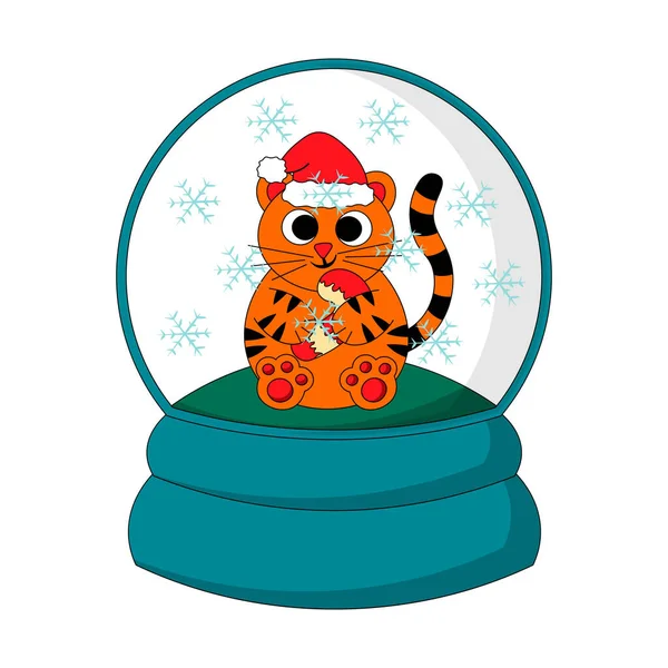 Bola de nieve de Navidad con tigre y bastón de caramelo. Dibujar ilustración en color — Vector de stock