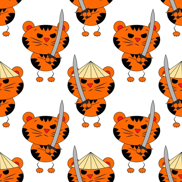 Tatlı çizgi film Tiger Samurai ile kusursuz vektör deseni