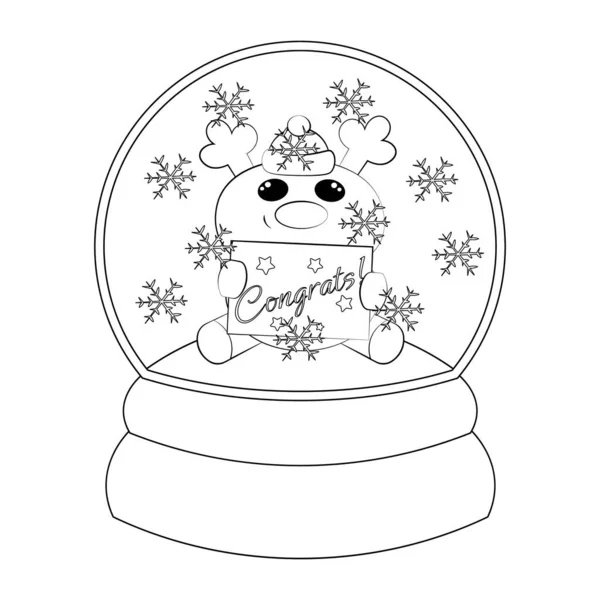 Bola Nieve Navidad Con Reno Con Felicidades Dibujar Ilustración Blanco — Vector de stock