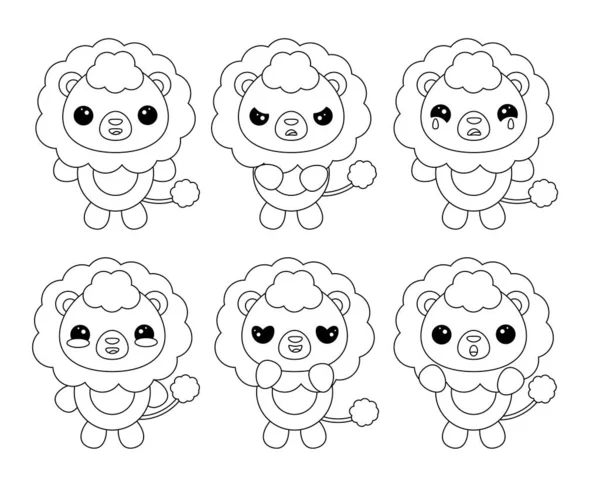 Ορισμός χαριτωμένο λιοντάρι κινουμένων σχεδίων με διαφορετικά συναισθήματα σε μαύρο και άσπρο — Διανυσματικό Αρχείο