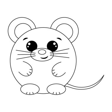 Cute cartoon round Mouse. Draw illustration in black and white