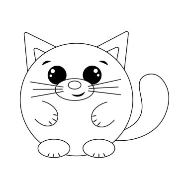 Cute cartoon round Cat. Draw illustration in black and white